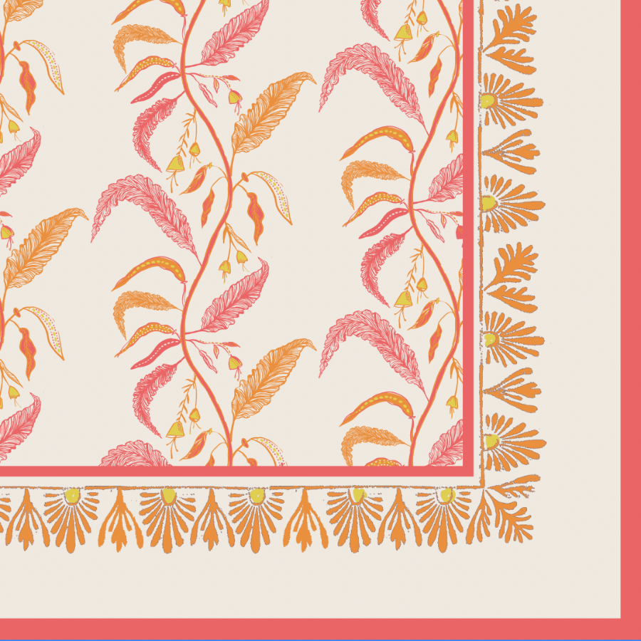 cream, pink, and orange tablecloth with floral design