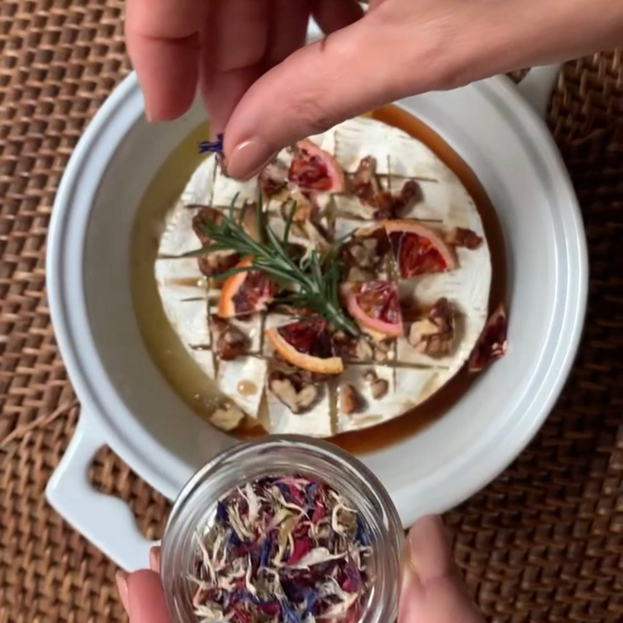 Brie with hand sprinking dried flowers