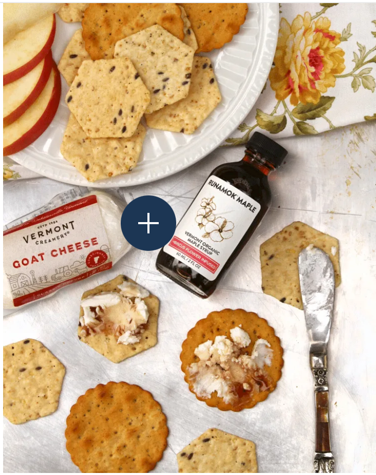 Crackers and maple syrup and cheese for brie baker gift
