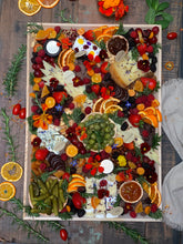 Load image into Gallery viewer, x large classic cheese board overhead shot surrounded by dried fruit and rosemary on a wooden countertop
